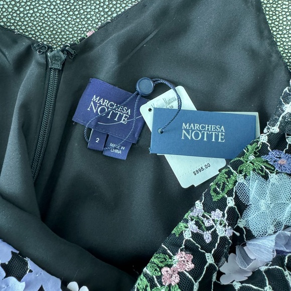 Marchesa Notte Cold-Shoulder Lattice Embroidered Gown w/ 3D Flowers - Picture 8 of 9